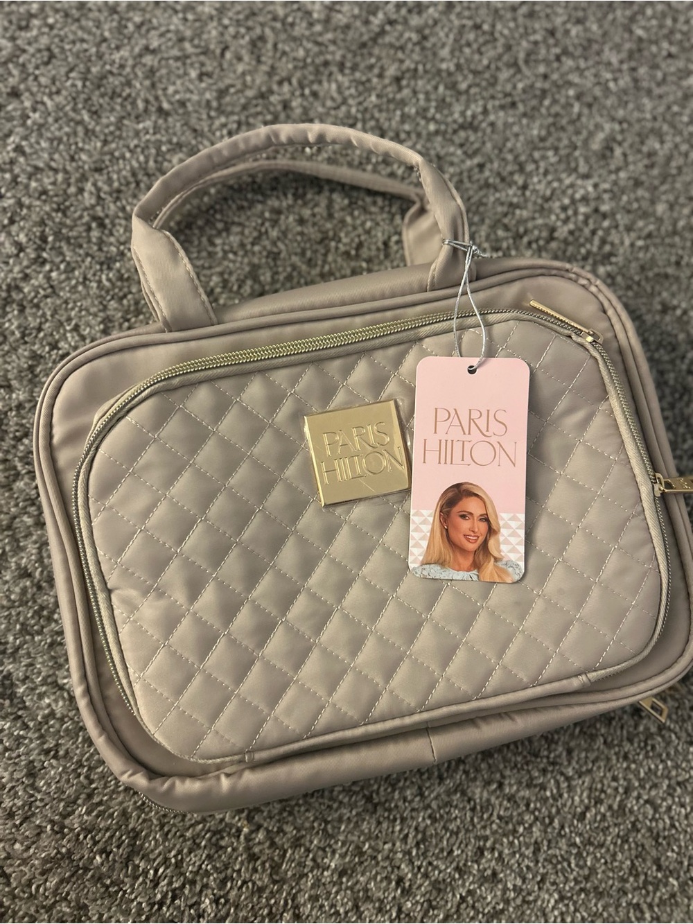 Paris Hilton Quilted Taupe Cosmetic Case with Gold Accent